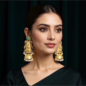 Elegant Gold and Green Jhumka Earrings